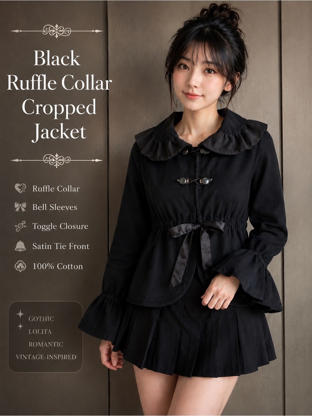 Black Cotton Ruffle Collar Cropped Jacket Gothic Lolita Bell Sleeve